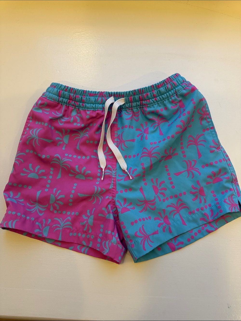 chubbies Teal Swim Trunks with Pink Palm Print